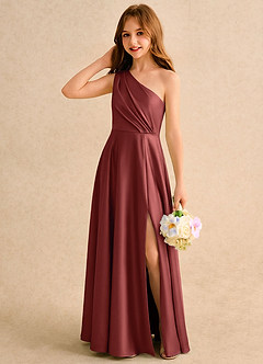 Azazie Puddles Girls Formal Flower Girl Dresses Terracotta A-Line One Shoulder Stretch Satin Dress image3