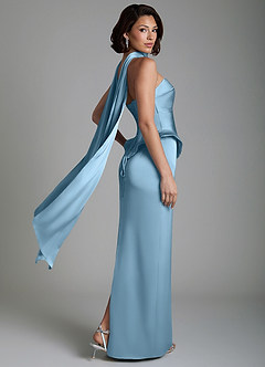 Azazie Harlow Vestidos de damas de honor Vestido Azul Acero de Satén Elástico de Corte Recto con Corsé image9