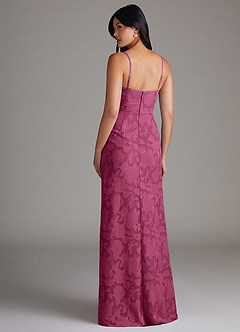 Azazie Maci Bridesmaid Dresses Mulberry Sheath Pleated Floral Burnout Dress image2