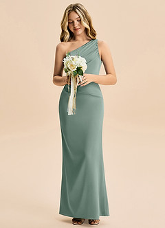 Azazie Akilah Junior Robe Fourreau en Satin extensible Plissée Sauge D'argent image4