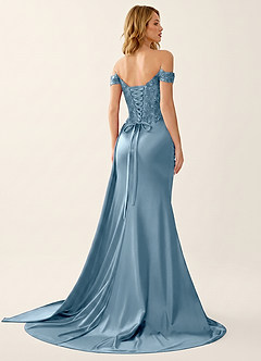 Helia Staubblau Off-Shoulder Korsett Gerafft Satin Meerjungfrau Kleid image6