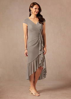 Azazie Renetta Mother of the Bride Dresses Taupe Sheath V-Neck Pleated Mesh Dress image5