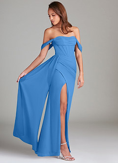 Azazie Amyra Robes de demoiselle d'honneur Robe Fourreau Convertible en Mousseline de soie Épaule décolletée Geai Bleu image9