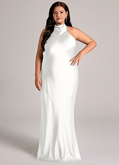 Azazie Velli Brautjungfernkleider Meerjungfrau-Linie Hoher Kragen Stretch-Satin Kleid Weiß image7