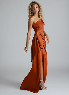Azazie Maive Bridesmaid Dresses Burnt Orange Sheath Ruched Stretch Satin Dress image4