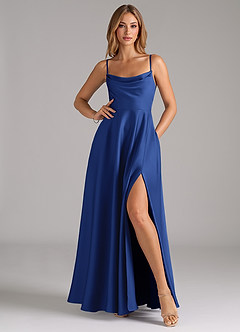 Azazie Elle Robes de demoiselle d'honneur Robe Trapèze en Satin extensible Plissée Bleu Roi image3