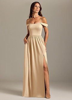Azazie Calianna Bridesmaid Dresses Champagne A-Line Off the Shoulder Stretch Satin Convertible Dress image5