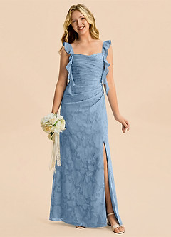 Azazie Jessamine Junior Abito Sirena in Burnout Floreale Scollo a Cuore Azzurro Polvere image1