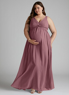 Azazie Yetta Maternity Bridesmaid Dresses A-Line V-Neck Gathered Chiffon Floor-Length Dress image7