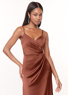 Azazie Maci Bridesmaid Dresses Clay A-Line V-Neck Pleated Stretch Satin Dress image5