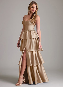 Azazie Faye Bridesmaid Dresses Taupe A-Line Ruched Stretch Satin Dress image3