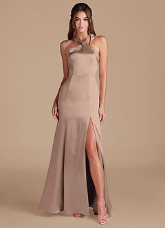 Azazie Rue Bridesmaid Dresses Taupe Mermaid Pleated Metallic Satin Dress image1