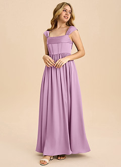 Azazie Hattie Junior Abito A-Line in Raso Elasticizzato Plissettato Glicine image1