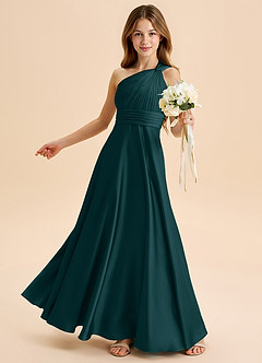 Azazie Charlize Junior Pine A-Line Pleated Stretch Satin Dress image4