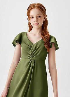 Azazie Soren Junior Olive A-Line Ruched Stretch Satin Dress image3