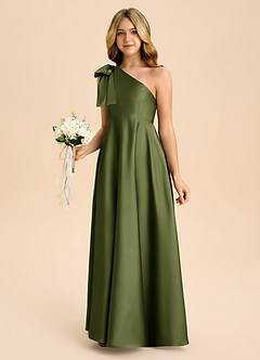 Azazie Penguin Junior Abito A-Line in Raso Elasticizzato Fiocco Oliva image5