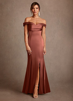 Azazie Boone Abiti per la Madre della Sposa Abito Sirena in Raso Elasticizzato a Spalla Scoperta Auburn image2