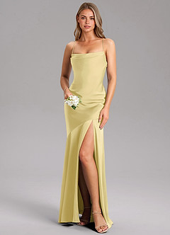 Azazie Grata Bridesmaid Dresses Lemon Sorbet Sheath Side Slit Stretch Satin Dress image1