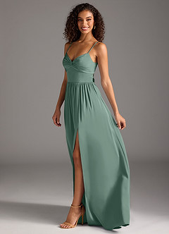 Azazie Zeya Bridesmaid Dresses Eucalyptus A-Line Pleated Stretch Satin Dress image7