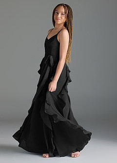 Azazie Peyton Vestido de Negro de Gasa/ Chiffon de Acampanado con Volantes en cascada Cuello en V image4
