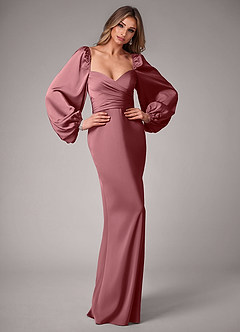 Azazie Sonata Bridesmaid Dresses Desert Rose Sheath Long Sleeve Stretch Satin Convertible Dress image5