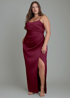 Azazie Calandra Bridesmaid Dresses Mulberry Sheath Pleated Stretch Satin Dress image9