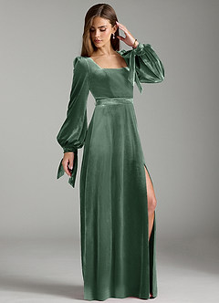 Azazie Leonia Bridesmaid Dresses Eucalyptus A-Line Long Sleeve Velvet Dress image4