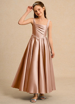 Azazie Mochi Girl vestidos de niña de las flores Vestido de Champán Rosado de Satin Mate de Princesa con Plisado image6