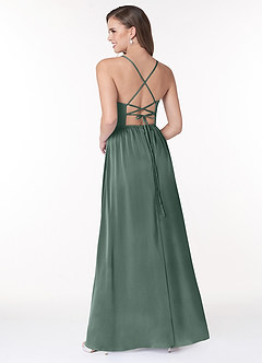 Azazie Raya Bridesmaid Dresses Sea Moss A-Line V-Neck Pleated Stretch Satin Dress image2