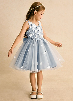 Azazie Junebug vestidos de niña de las flores Vestido de Marfil Azul Polvoriento de Tul de Princesa con Encaje image4