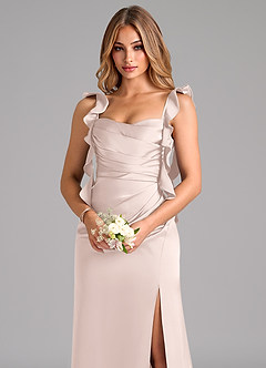 Azazie Jessamine Bridesmaid Dresses Blushing Pink A-Line Corset Stretch Satin Dress image6