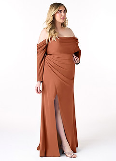 Azazie Hallie Bridesmaid Dresses Cedar Rose Sheath Off-The-Shoulder Long Sleeve Stretch Satin Convertible Dress image11