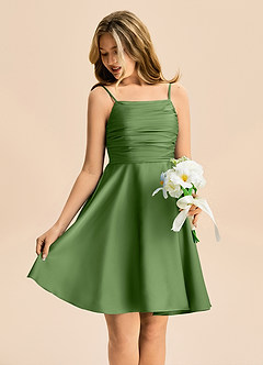 Azazie Miko Junior Basil A-Line Pleated Stretch Satin Dress image4
