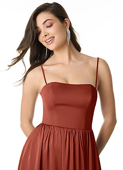 Azazie Morana Jurken voor bruidsmeisjes Converteerbaar Jurk van Stretch Satijn met A-Lijn Off the Shoulder Terracotta image2