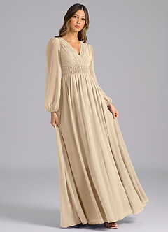 Azazie Palerma Bridesmaid Dresses Champagne A-Line Long Sleeve Chiffon Dress image4