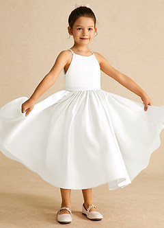 Azazie Sunray Flower Girl Dresses Ivory A-Line Spaghetti Strap Matte Satin Dress image2