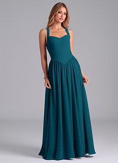 Azazie Francis Vestidos de damas de honor Vestido de Azul Tinta de Gasa de Corte en A con Corsé image4