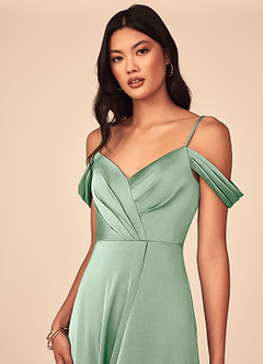 Azazie Ocean Bridesmaid Dresses Agave A-Line V-Neck Pleated Stretch Satin Dress image4
