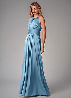 Azazie Bonnie Bridesmaid Dresses Steel Blue A-Line Pleated Stretch Satin Dress image3