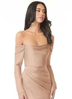 Azazie Hallie Bridesmaid Dresses English Rose Sheath Off-The-Shoulder Long Sleeve Stretch Satin Convertible Dress image1