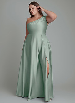 Azazie Melanie Robes de demoiselle d'honneur Robe Trapèze en Satin extensible Épaules dénudées Agave image9