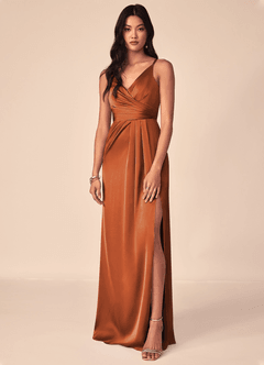 Azazie Aqua Bridesmaid Dresses Cinnamon A-Line V-Neck Pleated Stretch Satin Dress image1