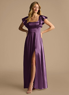 Azazie Bondi Brautjungfernkleider A-Linie Schleifen Metallischer Satin Kleid Pflaume image4