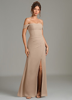 Azazie Jalice Bridesmaid Dresses Taupe Mermaid Off the Shoulder Chiffon Dress image1