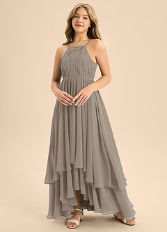 Azazie Elliora Junior Taupe A-Line Pleated Chiffon Dress image4