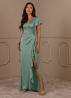 Azazie Roya Mère de la mariée Robes Robe Sirène en Satin extensible Col en V Plissé Sauge D'argent image1