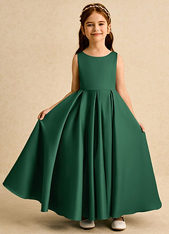 Azazie Pepper vestidos de niña de las flores Vestido de Verde Oscuro de Satin Mate de Corte En A con Plisado image3