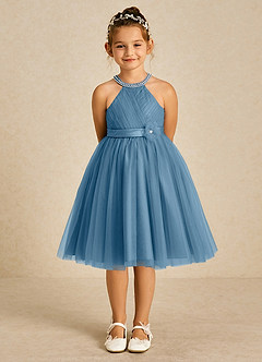 Azazie Honey Venta Final Vestido de Azul Acero de Satin Mate de Corte en A con Perla image1