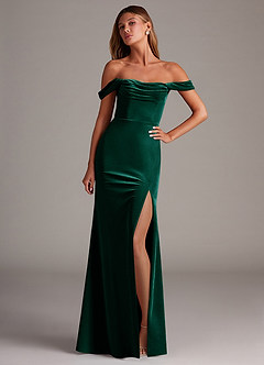 Azazie Saige Bridesmaid Dresses Emerald Sheath Off the Shoulder Velvet Convertible Dress image1