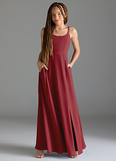 Azazie Moira Junior Pomegranate A-Line with Pockets Chiffon Dress image4